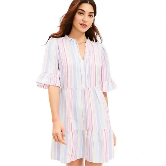 LOFT | Dresses | Loft Linen Striped Swing Dress Ruffle Tie Neck Tiered  Preppy Boho Prairie Sz L | Poshmark